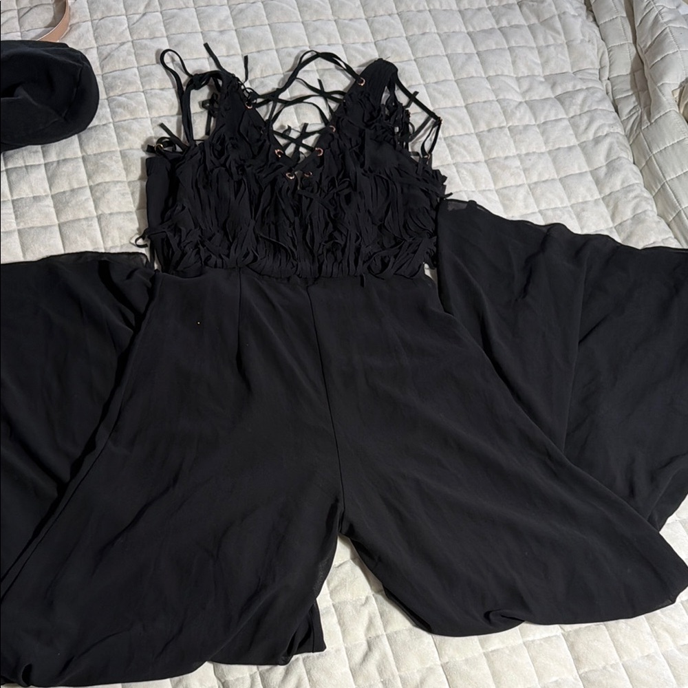 Black Fringe Bodice Wide-Leg Jumpsuit